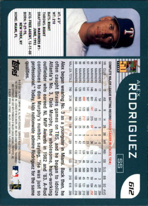 2001 Topps Limited #612 Alex Rodriguez Rangers back image