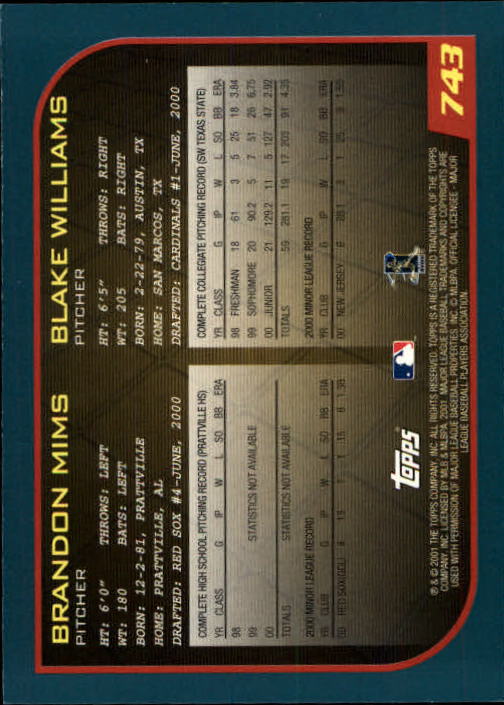 2001 Topps Limited #743 B.Mims/B.Williams back image