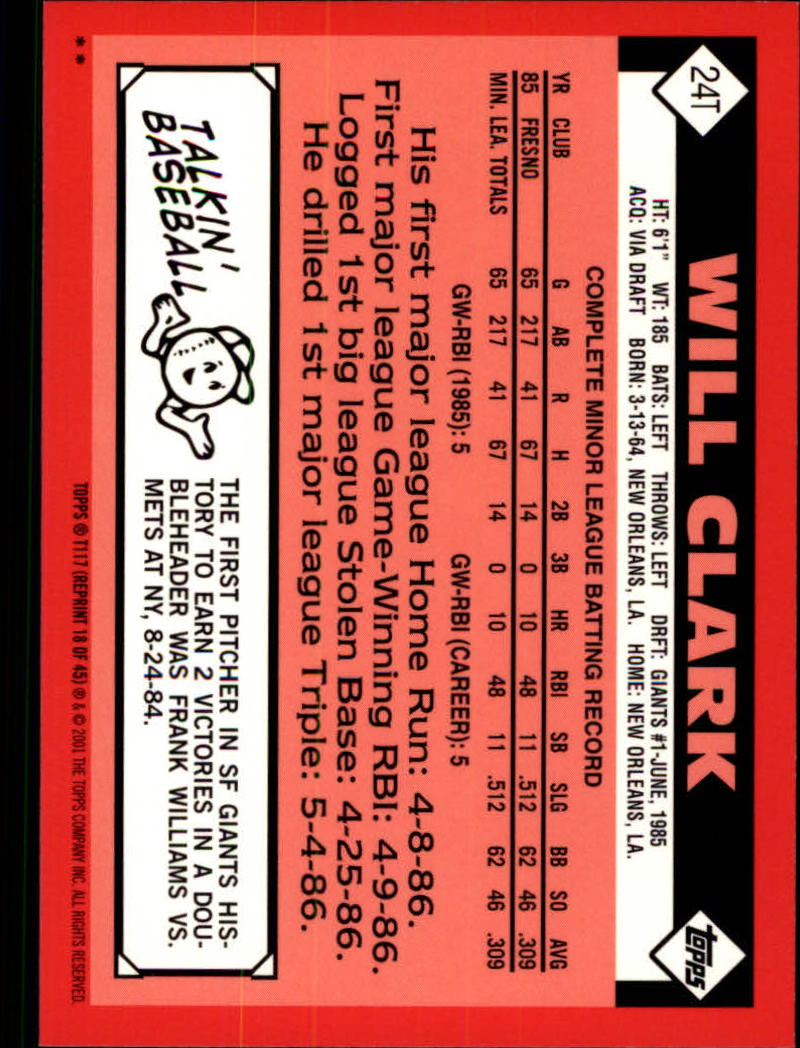 2001 Topps Traded #T117 Will Clark 86 back image