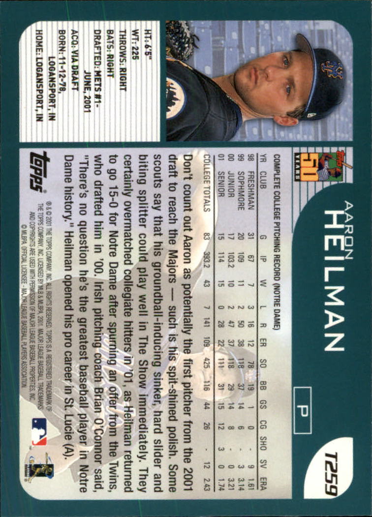 2001 Topps Traded #T259 Aaron Heilman RC back image