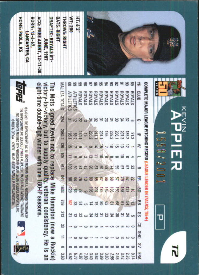 2001 Topps Traded Gold #T2 Kevin Appier back image