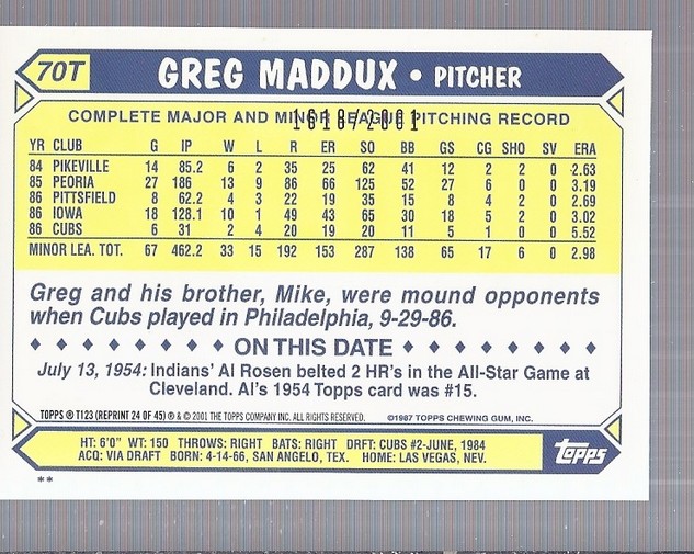 2001 Topps Traded Gold #T123 Greg Maddux 87 back image
