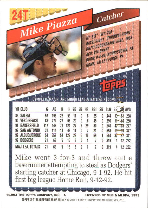 2001 Topps Traded Gold #T138 Mike Piazza 93 back image