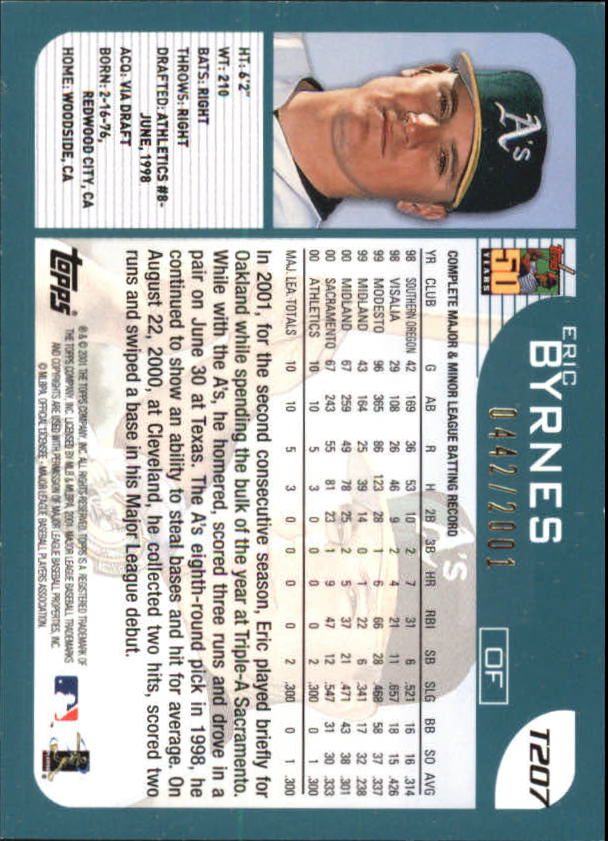 2001 Topps Traded Gold #T207 Eric Byrnes back image