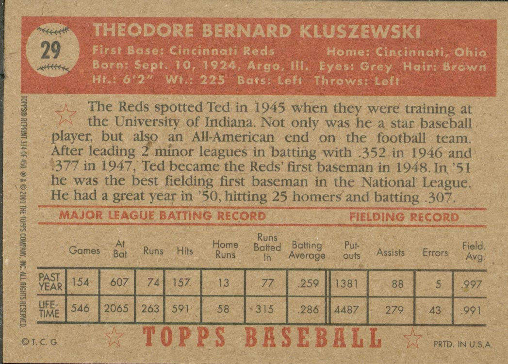 2001 Topps Archives #314 Ted Kluszewski 52 back image