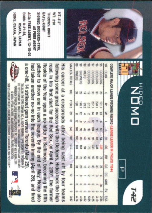 2001 Topps Chrome Traded #T42 Hideo Nomo back image