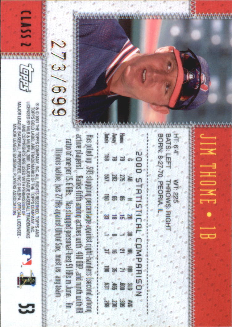 2001 Topps Gold Label Class 2 Gold #53 Jim Thome back image