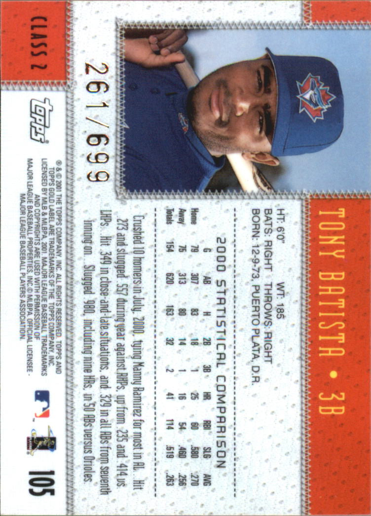 2001 Topps Gold Label Class 2 Gold #105 Tony Batista back image