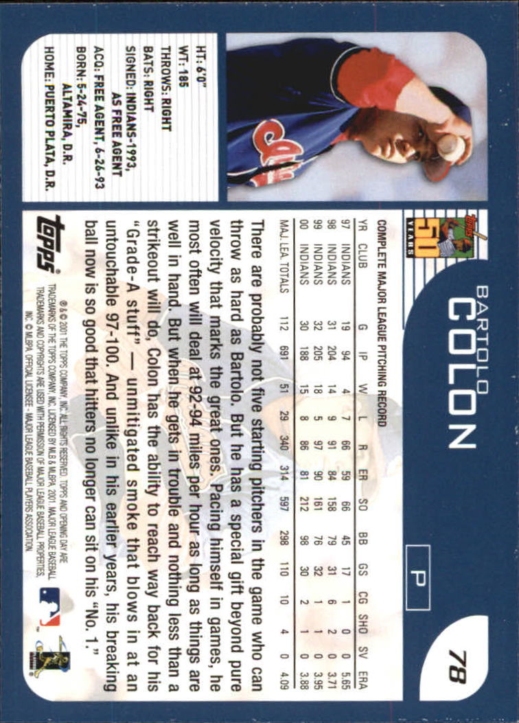 2001 Topps Opening Day #78 Bartolo Colon back image