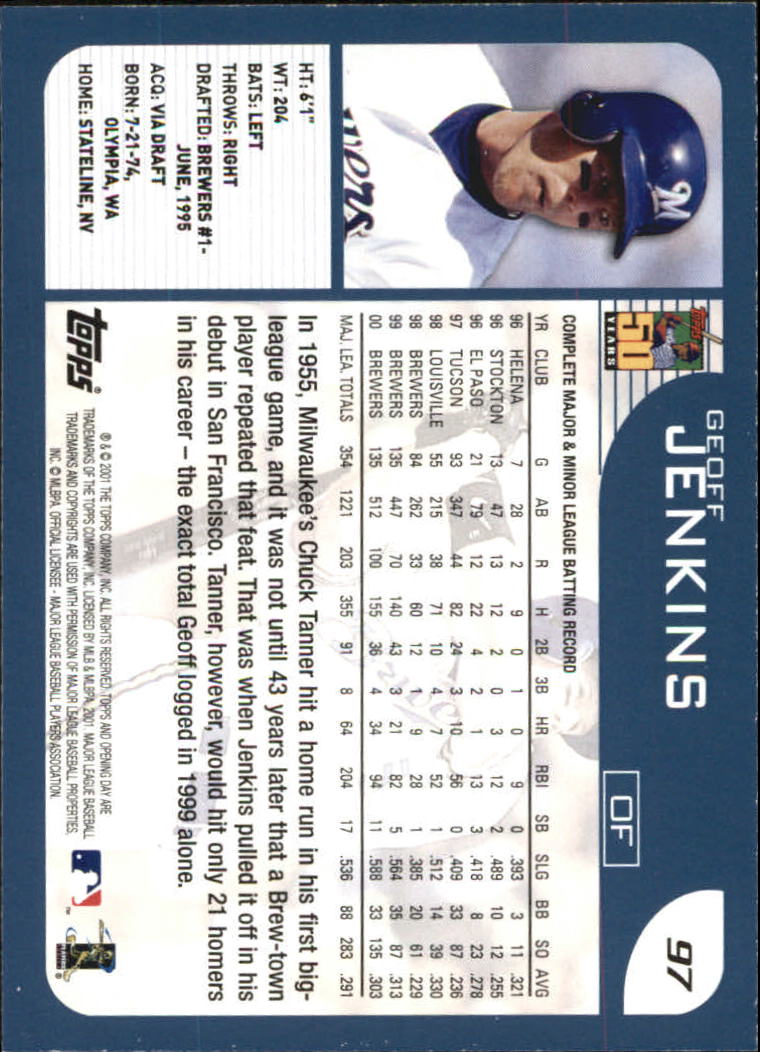 2001 Topps Opening Day #97 Geoff Jenkins back image