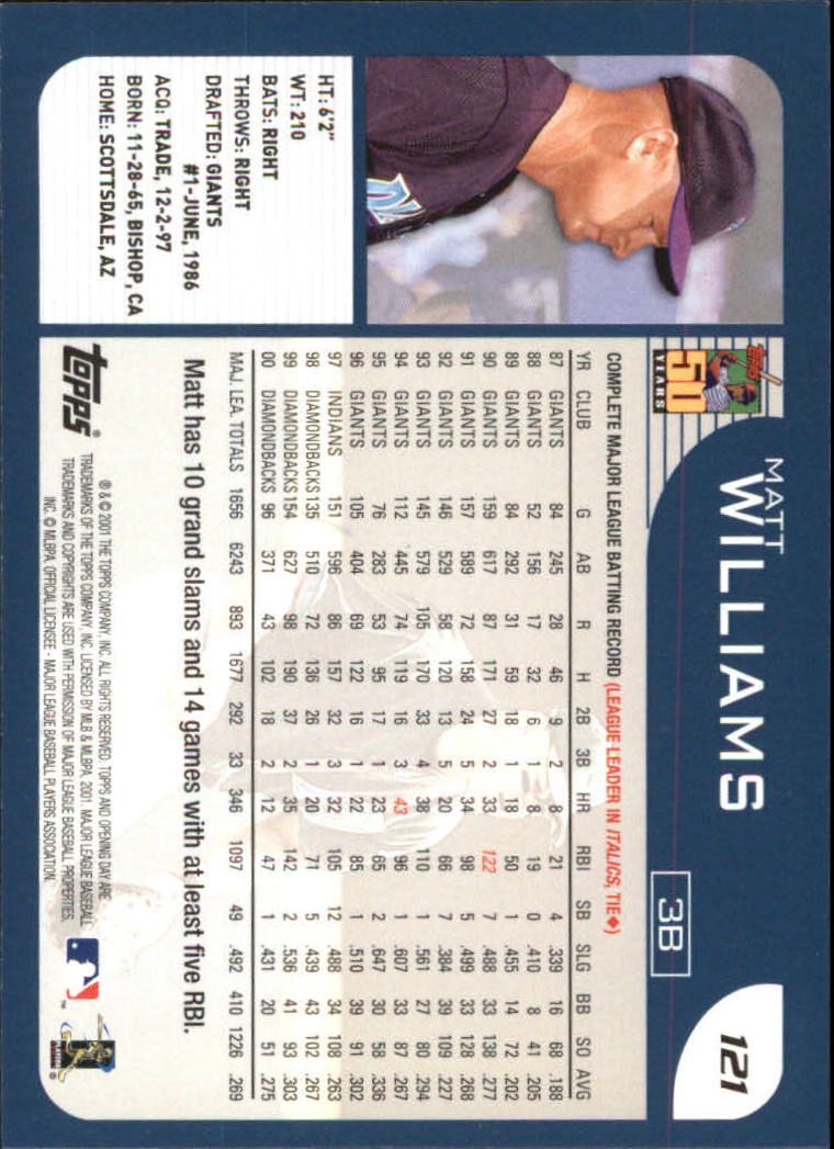 2001 Topps Opening Day #121 Matt Williams back image
