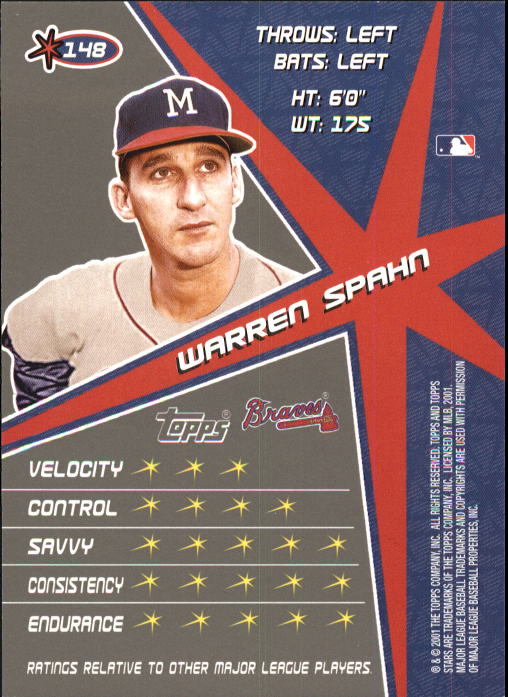 2001 Topps Stars #148 Warren Spahn back image