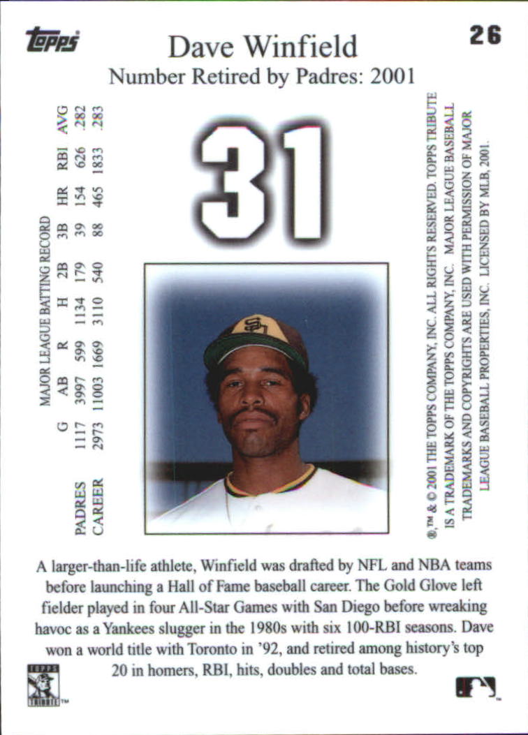 2001 Topps Tribute #26 Dave Winfield back image