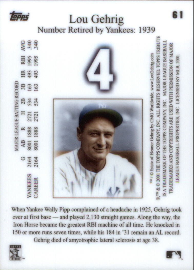 2001 Topps Tribute #61 Lou Gehrig back image