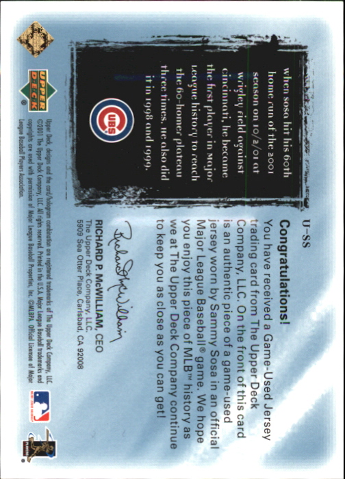 2001 Ultimate Collection Game Jersey #USS Sammy Sosa back image