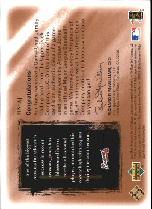 2001 Ultimate Collection Magic Numbers Game Jersey Copper #MNAJ Andruw Jones back image