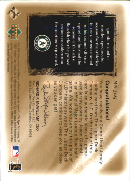 2001 Ultimate Collection Magic Numbers Game Jersey Gold #MNJAG Jason Giambi back image