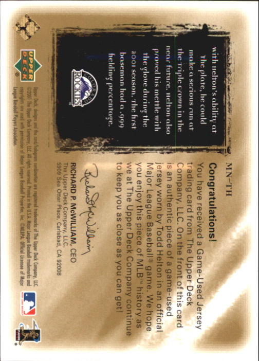 2001 Ultimate Collection Magic Numbers Game Jersey Gold #MNTH Todd Helton back image