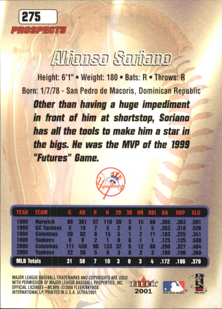 2001 Ultra #275 Alfonso Soriano PROS back image