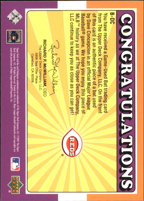 2001 Upper Deck Decade 1970's Game Bat #BDC Dave Concepcion back image