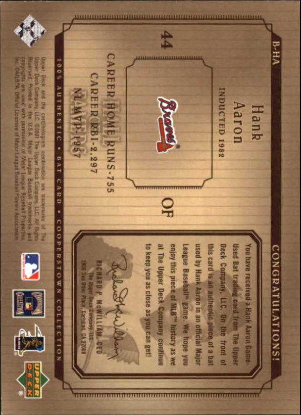 2001 Upper Deck Hall of Famers Game Bat #BHA Hank Aaron DP back image