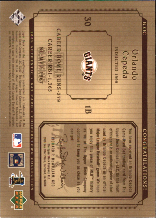 2001 Upper Deck Hall of Famers Game Bat #BOC Orlando Cepeda back image