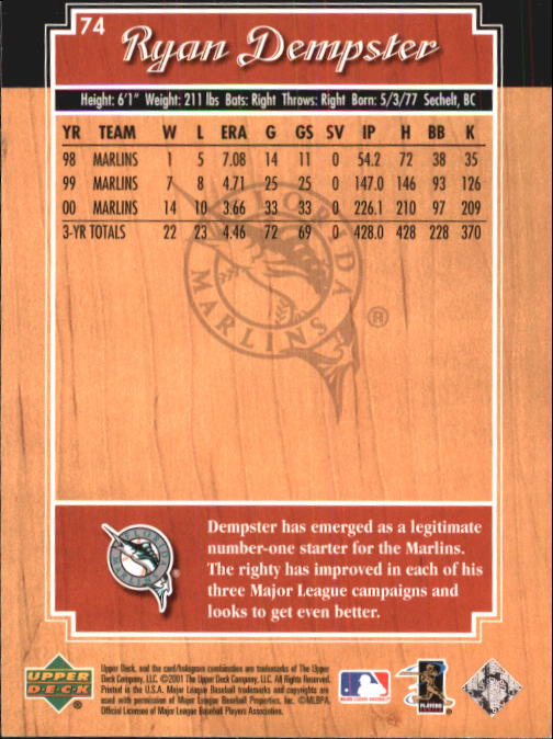 2001 Upper Deck Legends #74 Ryan Dempster back image