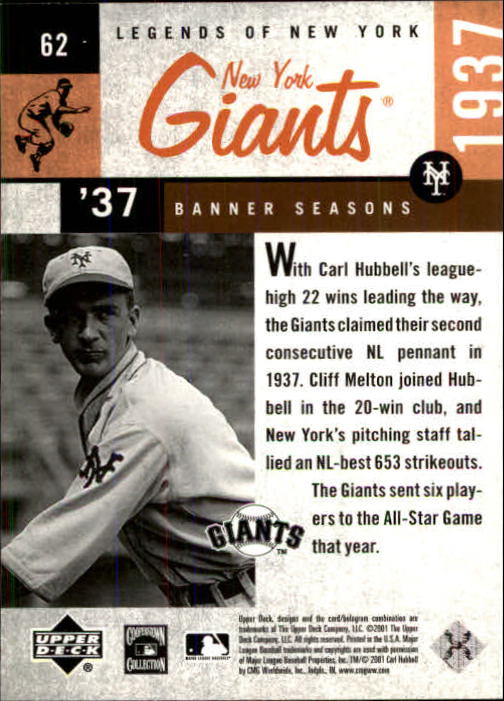 2001 Upper Deck Legends of NY #62 Carl Hubbell BNS back image