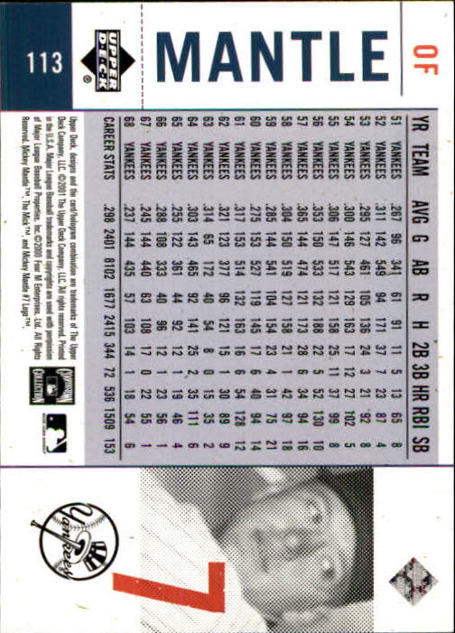 2001 Upper Deck Legends of NY #113 Mickey Mantle back image