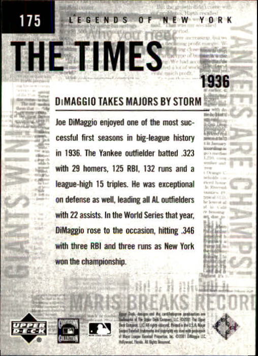 2001 Upper Deck Legends of NY #175 Joe DiMaggio TT back image