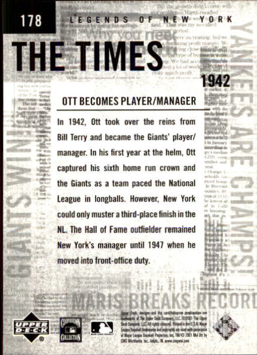 2001 Upper Deck Legends of NY #178 Mel Ott TT back image
