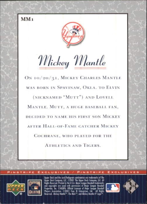 2001 Upper Deck Pinstripe Exclusives Mantle #MM1 Mickey Mantle back image