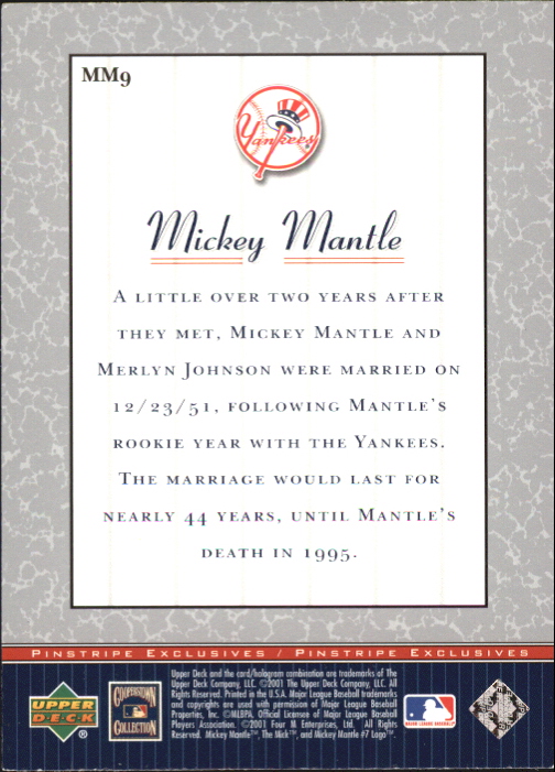 2001 Upper Deck Pinstripe Exclusives Mantle #MM9 Mickey Mantle back image