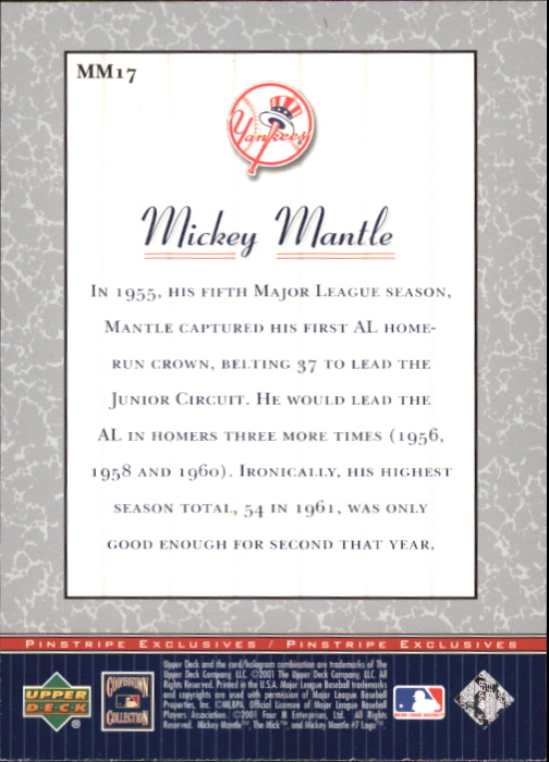 2001 Upper Deck Pinstripe Exclusives Mantle #MM17 Mickey Mantle back image