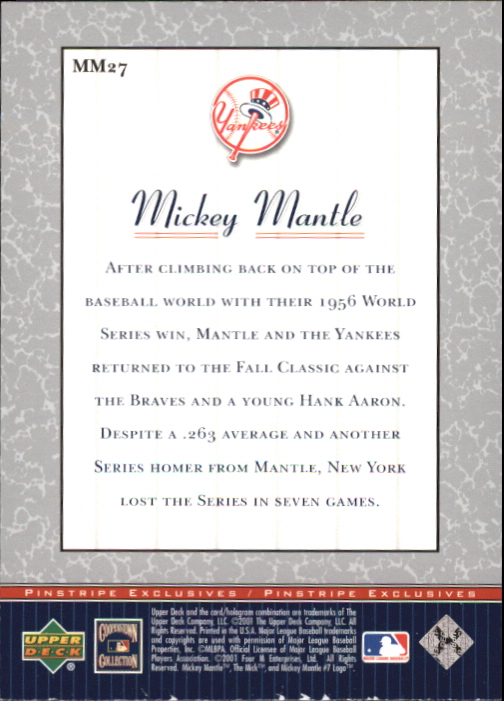 2001 Upper Deck Pinstripe Exclusives Mantle #MM27 Mickey Mantle back image