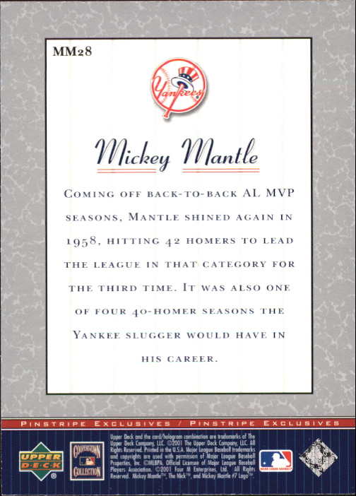 2001 Upper Deck Pinstripe Exclusives Mantle #MM28 Mickey Mantle back image