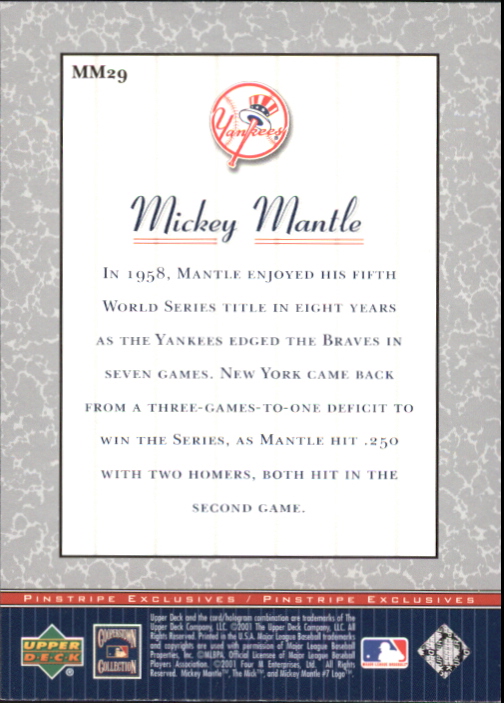 2001 Upper Deck Pinstripe Exclusives Mantle #MM29 Mickey Mantle back image