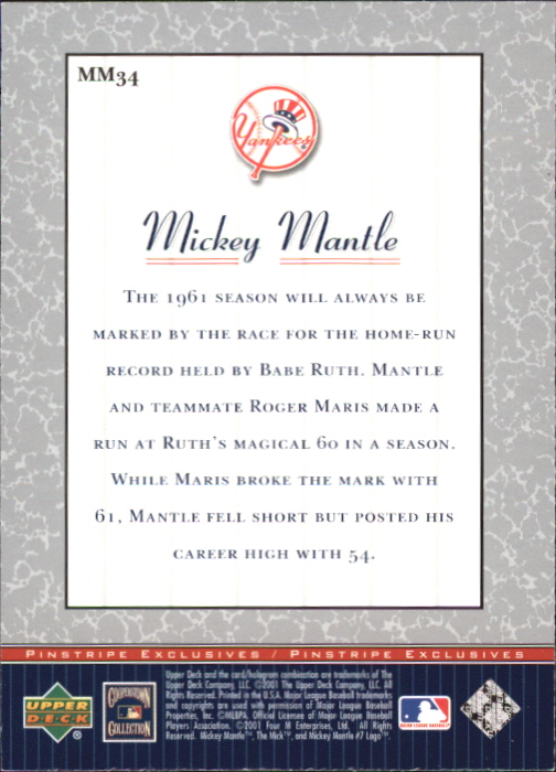 2001 Upper Deck Pinstripe Exclusives Mantle #MM34 Mickey Mantle back image