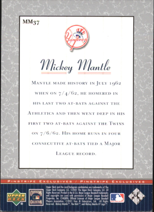 2001 Upper Deck Pinstripe Exclusives Mantle #MM37 Mickey Mantle back image
