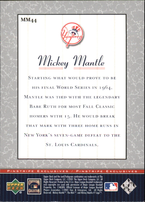 2001 Upper Deck Pinstripe Exclusives Mantle #MM44 Mickey Mantle back image