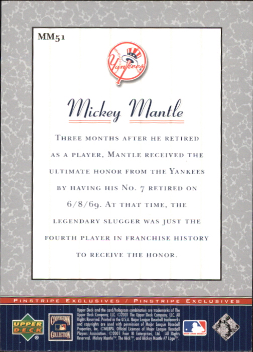 2001 Upper Deck Pinstripe Exclusives Mantle #MM51 Mickey Mantle back image