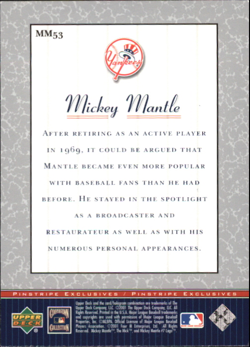 2001 Upper Deck Pinstripe Exclusives Mantle #MM53 Mickey Mantle back image