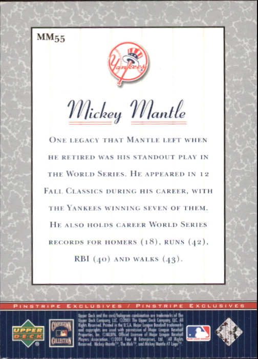 2001 Upper Deck Pinstripe Exclusives Mantle #MM55 Mickey Mantle back image