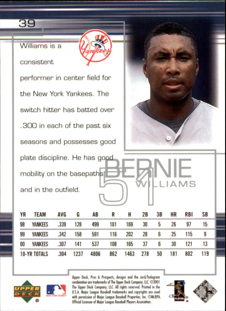 2001 Upper Deck Pros and Prospects #39 Bernie Williams back image