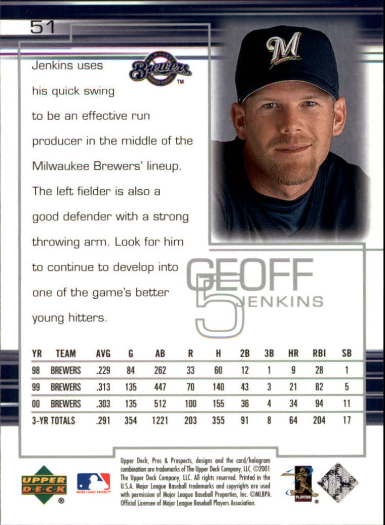 2001 Upper Deck Pros and Prospects #51 Geoff Jenkins back image