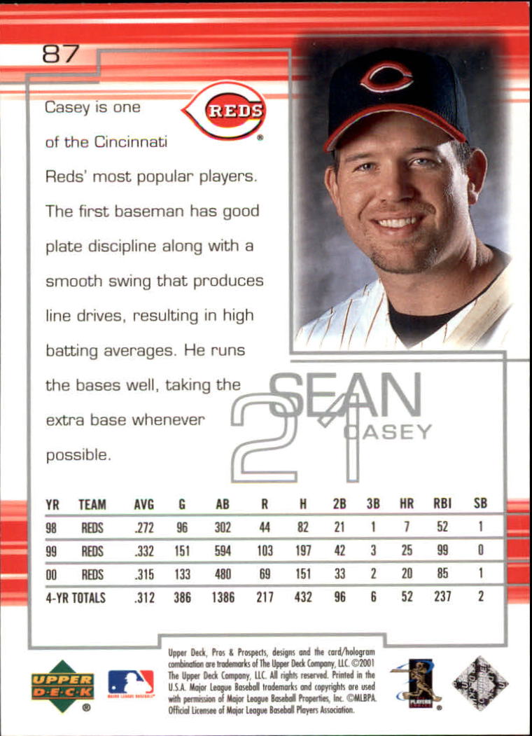 2001 Upper Deck Pros and Prospects #87 Sean Casey back image
