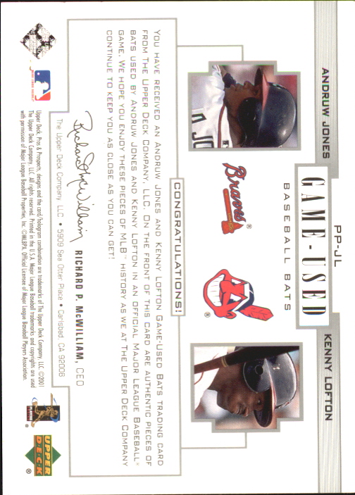 2001 Upper Deck Pros and Prospects Game-Used Dual Bat #PPJL Andruw Jones/Kenny Lofton back image