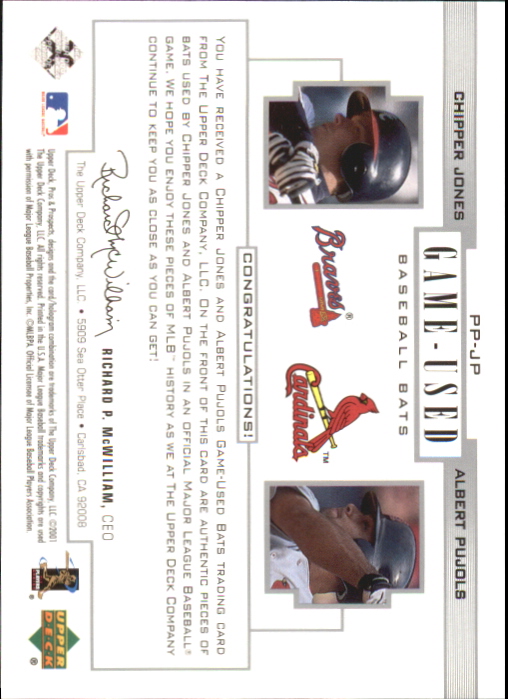 2001 Upper Deck Pros and Prospects Game-Used Dual Bat #PPJP Chipper Jones/Albert Pujols back image