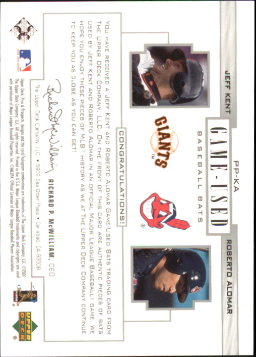 2001 Upper Deck Pros and Prospects Game-Used Dual Bat #PPKA Jeff Kent/Roberto Alomar back image