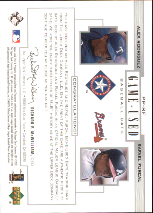 2001 Upper Deck Pros and Prospects Game-Used Dual Bat #PPRF Alex Rodriguez/Rafael Furcal back image